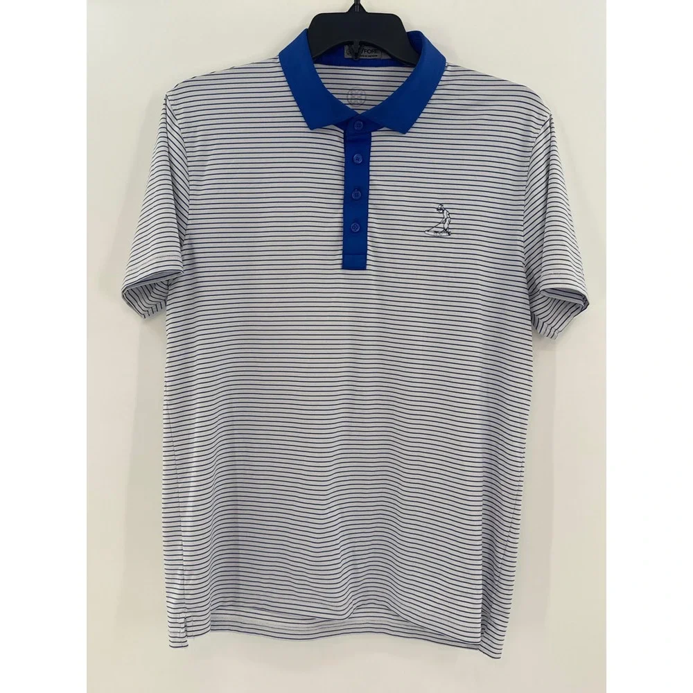 G/FORE Mens Striped Golf Polo Shirt Blue White Short Sleeve Size Large L‎